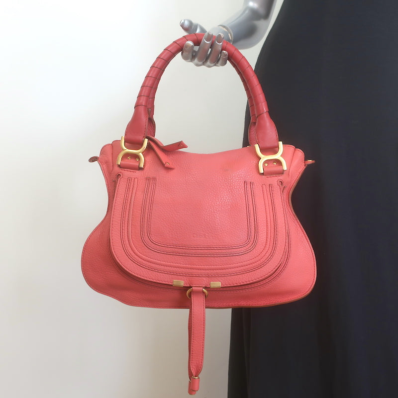 Chloé Medium Marcie satchel in Paradise Pink pebbled leather with gold hardware — authentic pre-owned luxury crossbody