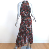 A.L.C. Midi Dress Bardot Black/Red Metallic-Striped Printed Chiffon Size 0