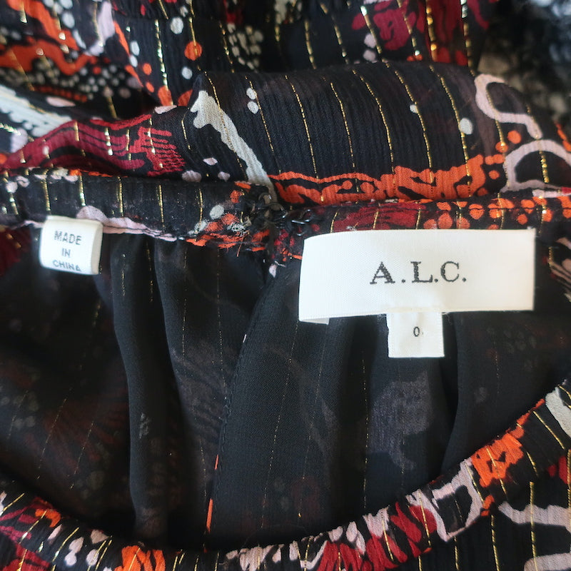 A.L.C. Midi Dress Bardot Black/Red Metallic-Striped Printed Chiffon Size 0