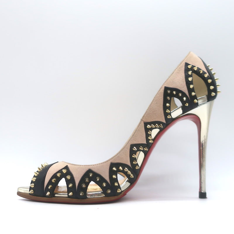 Christian Louboutin Circus City Spiked Cutout Pumps Beige Suede Size 36.5