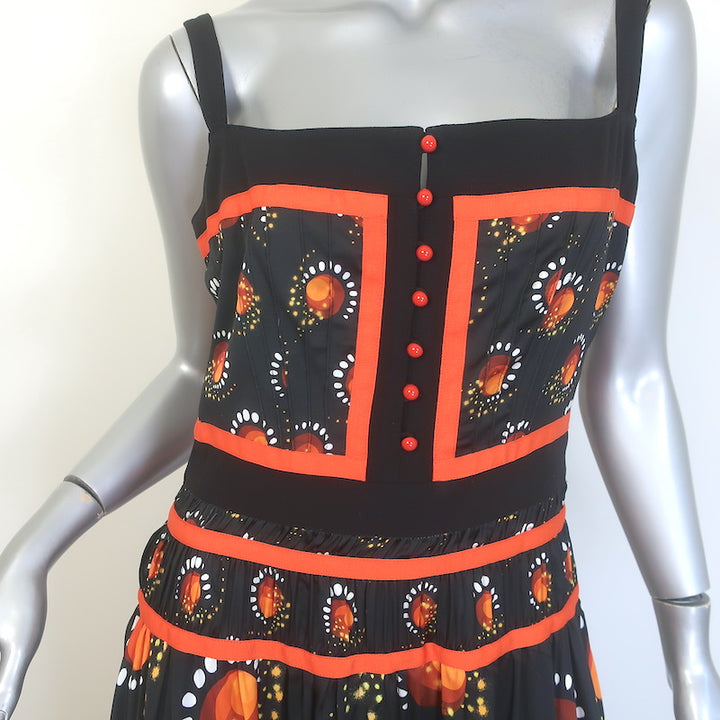 Paco Rabanne Flared Maxi Dress Black/Orange Firework Print Size 40