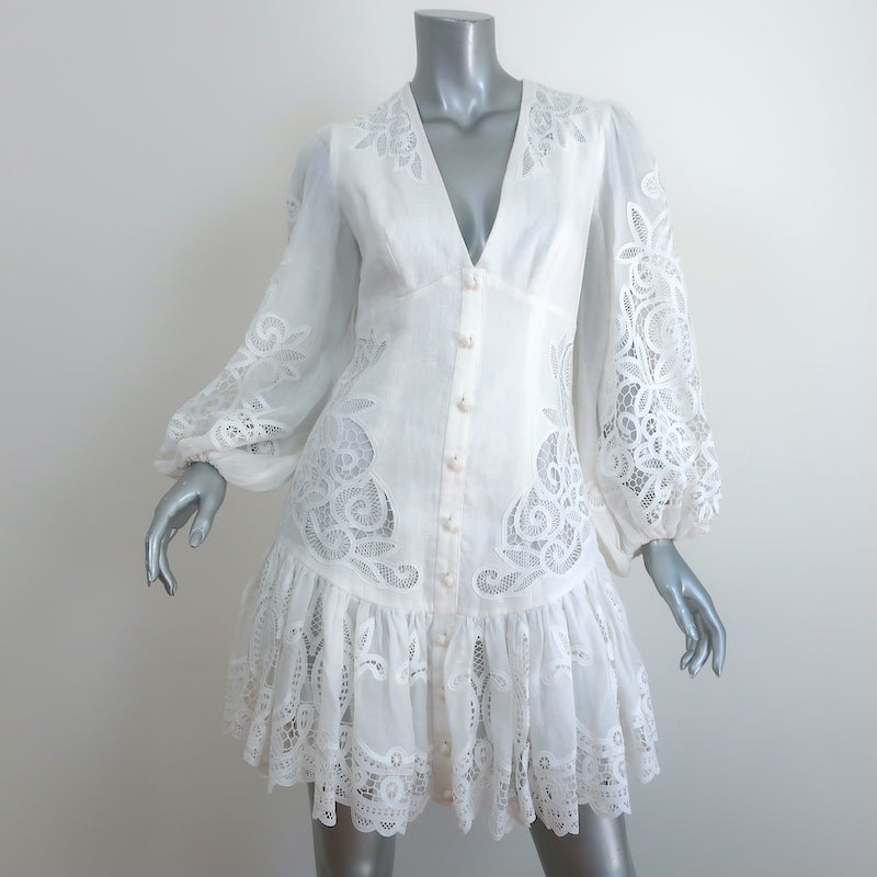 Zimmermann Long Sleeve Mini Dress Mae Ivory Guipure Lace-Trim Linen Size 1 New