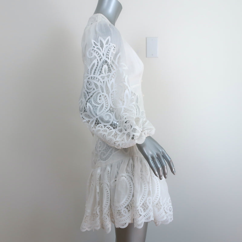 Zimmermann Long Sleeve Mini Dress Mae Ivory Guipure Lace-Trim Linen Size 1 NEW