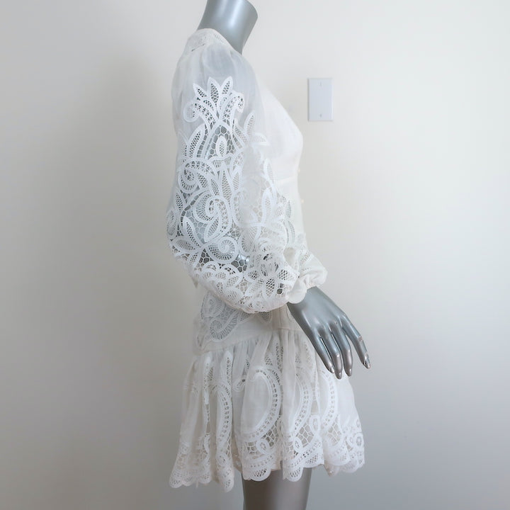 Zimmermann Long Sleeve Mini Dress Mae Ivory Guipure Lace-Trim Linen Size 1 NEW