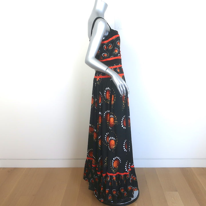 Paco Rabanne Flared Maxi Dress Black/Orange Firework Print Size 40
