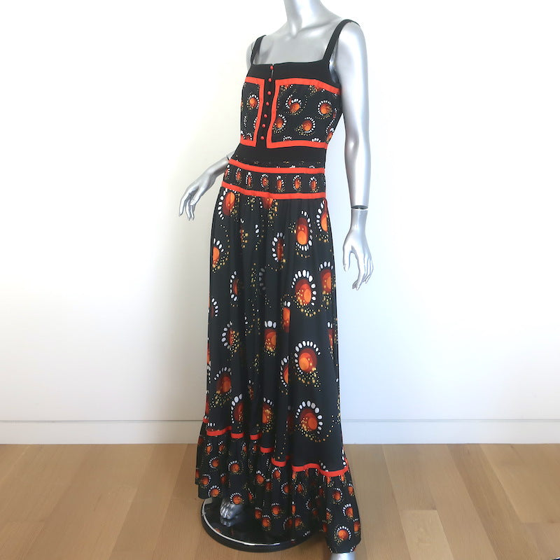 Paco Rabanne Flared Maxi Dress Black/Orange Firework Print Size 40