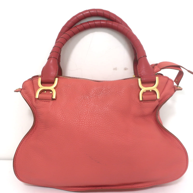 Chloé Medium Marcie satchel in Paradise Pink pebbled leather with gold hardware, authentic pre-owned, gently worn.
