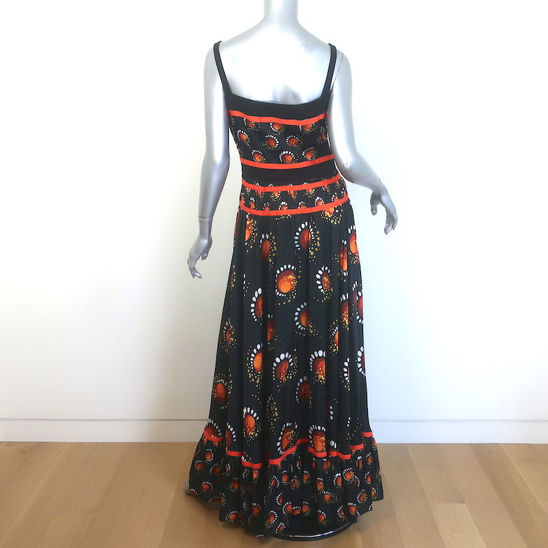 Paco Rabanne Flared Maxi Dress Black/Orange Firework Print Size 40