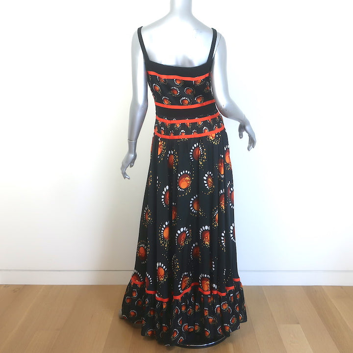 Paco Rabanne Flared Maxi Dress Black/Orange Firework Print Size 40