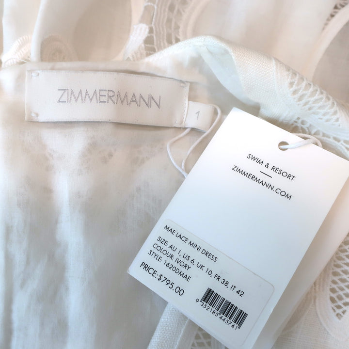 Zimmermann Long Sleeve Mini Dress Mae Ivory Guipure Lace-Trim Linen Size 1 NEW