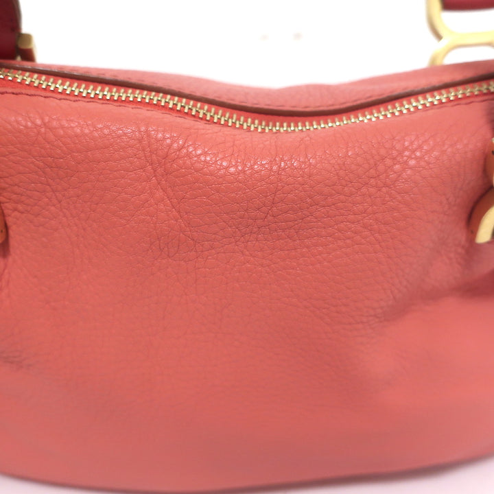 Chloe Medium Marcie satchel crossbody in Paradise Pink pebbled leather with gold hardware, authentic pre-owned luxury