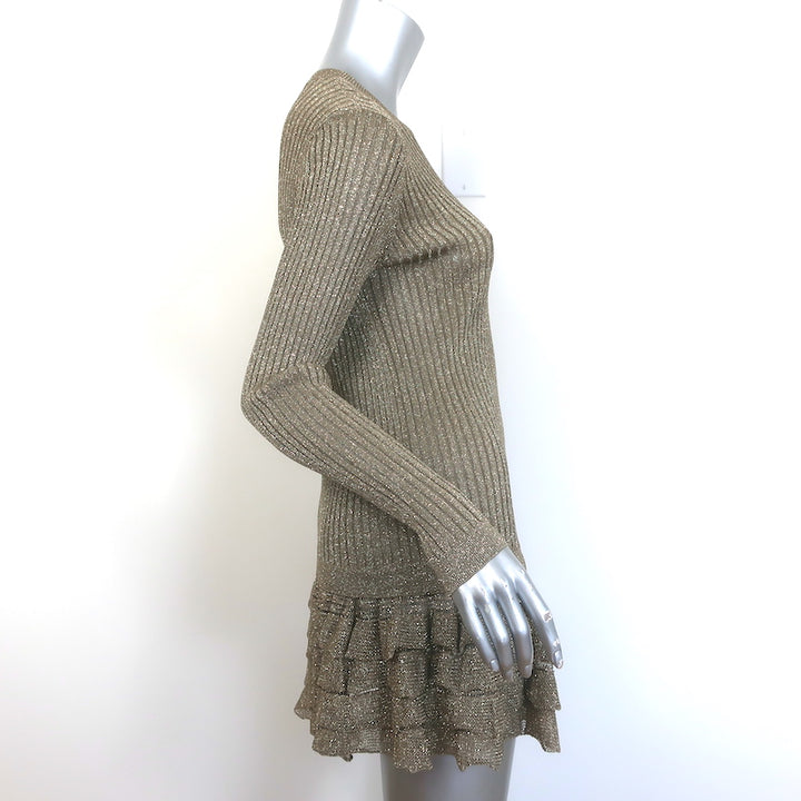 Valentino Long Sleeve Ruffled Mini Dress Gold Metallic Ribbed Knit Size 38