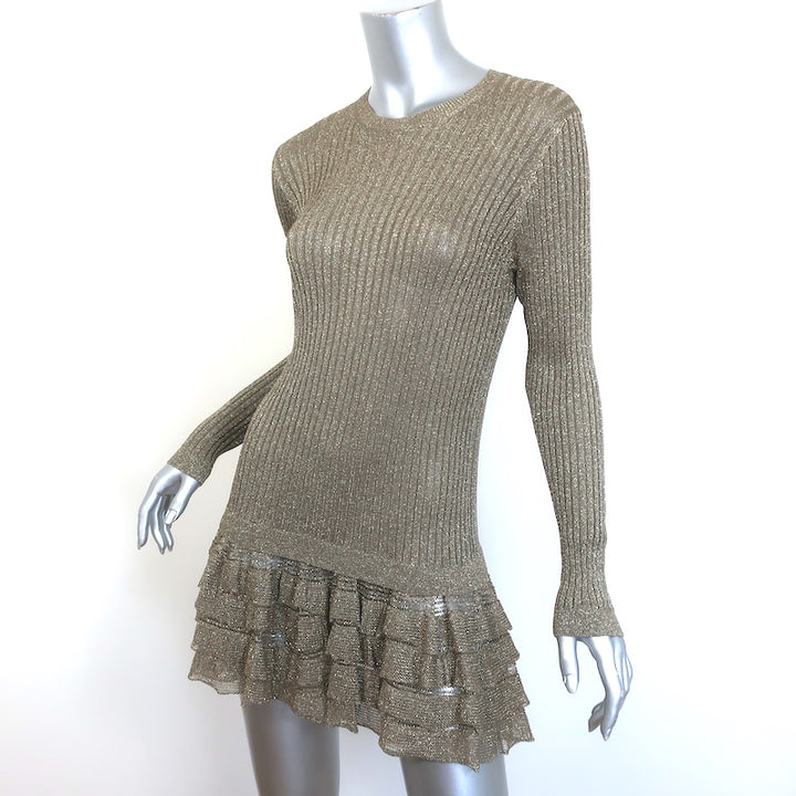 Valentino Long Sleeve Ruffled Mini Dress Gold Metallic Ribbed Knit Size 38