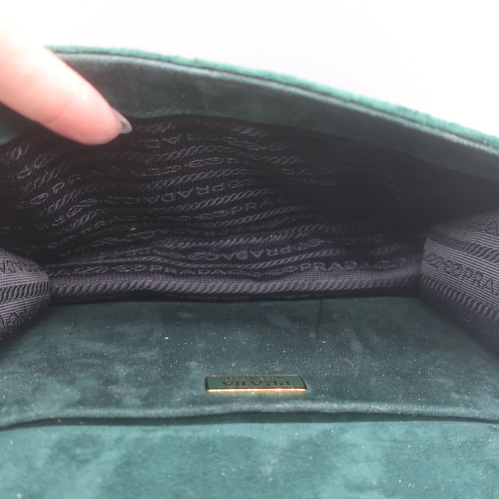 Prada Pattina Velvet Chain Strap Crossbody Bag Green Small Clutch