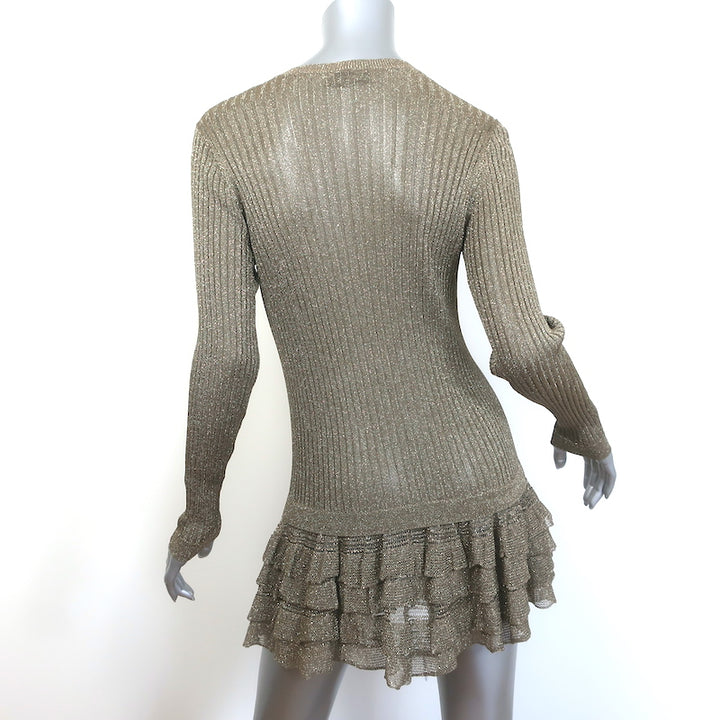 Valentino Long Sleeve Ruffled Mini Dress Gold Metallic Ribbed Knit Size 38