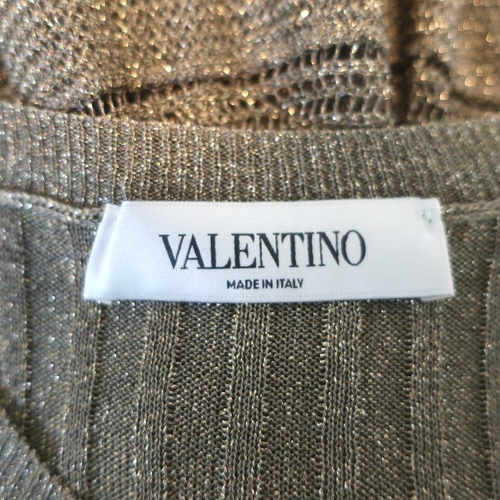 Valentino Long Sleeve Ruffled Mini Dress Gold Metallic Ribbed Knit Size 38