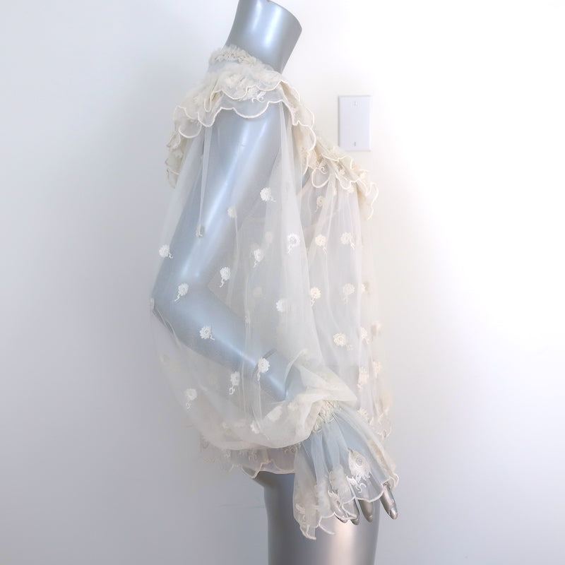 Ulla Johnson Lucien Floral-Embroidered Mesh Blouse Cream Size 2 Long Sleeve Top