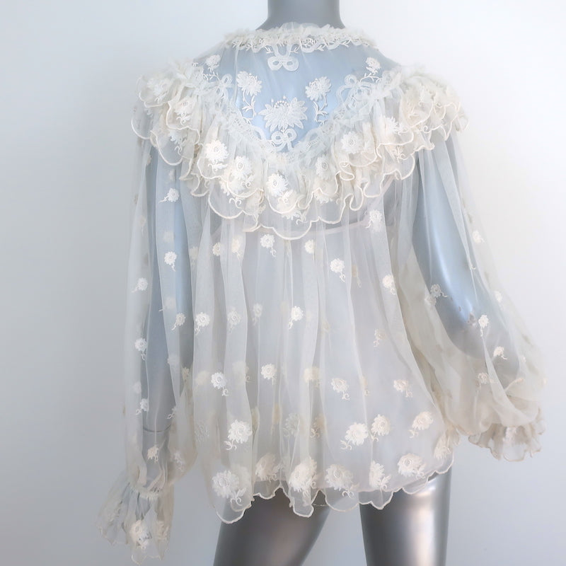 Ulla Johnson Lucien Floral-Embroidered Mesh Blouse Cream Size 2 Long Sleeve Top