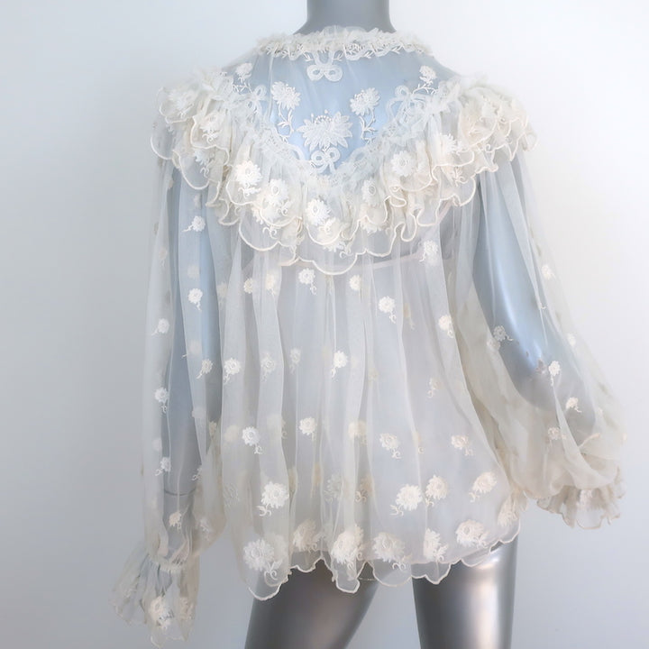 Ulla Johnson Lucien Floral-Embroidered Mesh Blouse Cream Size 2 Long Sleeve Top