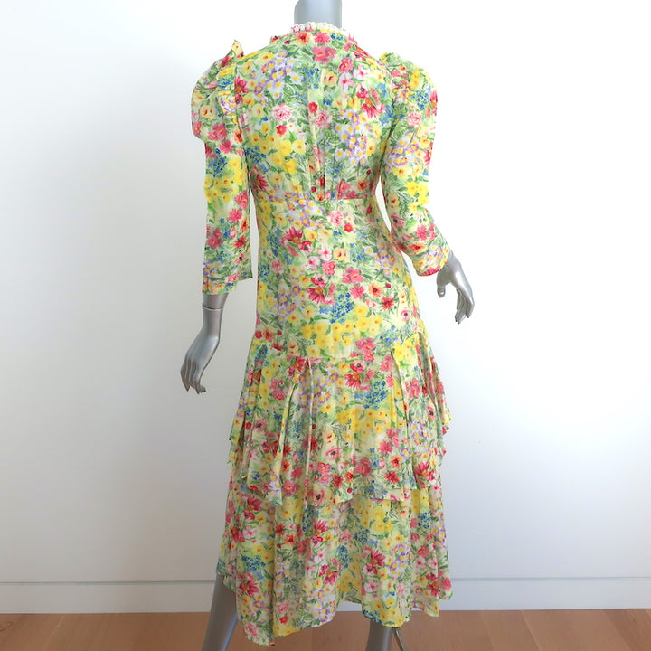 LoveShackFancy Puff Sleeve Asymmetric Midi Dress Floral Print Cotton-Silk Size 2
