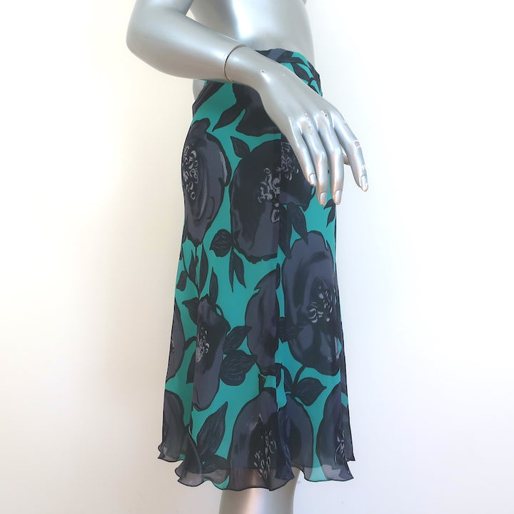 Moschino Cheap and Chic Ruffle-Front Skirt Aqua Floral Print Silk Size US 6