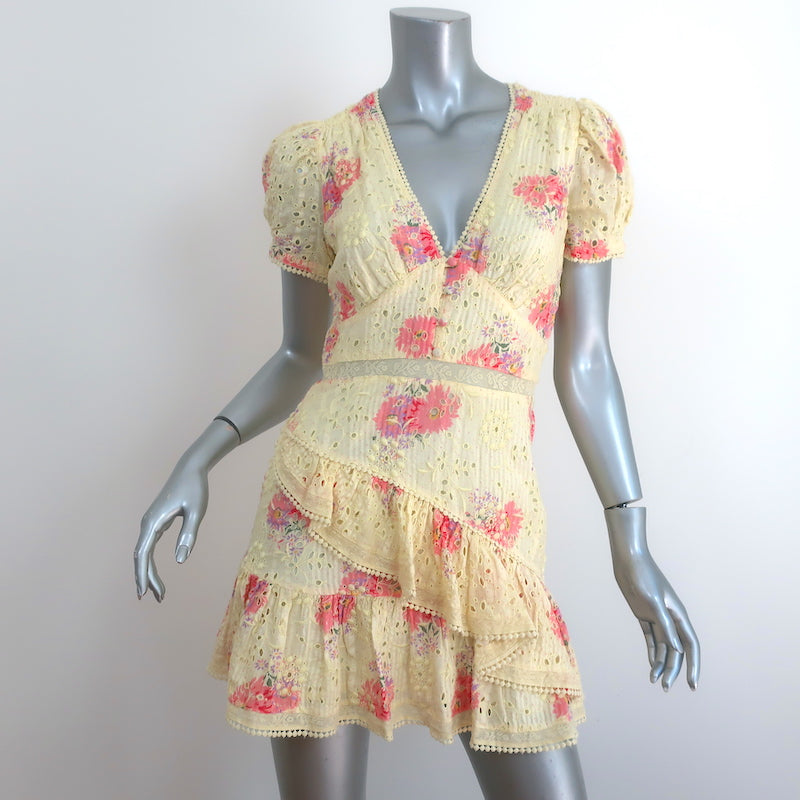LoveShackFancy Embroidered Ruffle Mini Dress Bea Yellow Floral Print S – Celebrity Owned