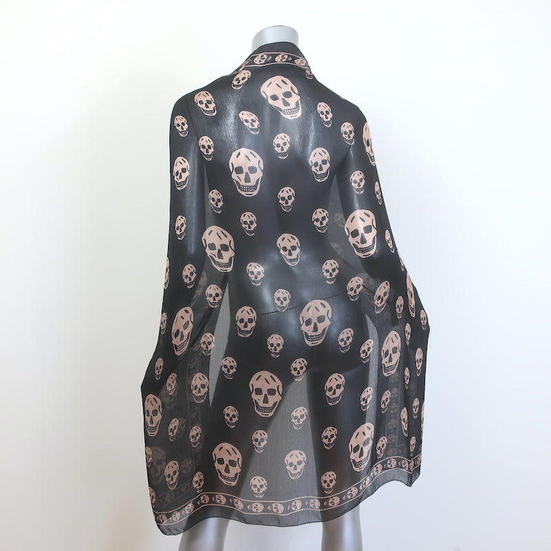 Alexander McQueen Skull Scarf Black &amp; Beige Silk Chiffon 40" X 44"