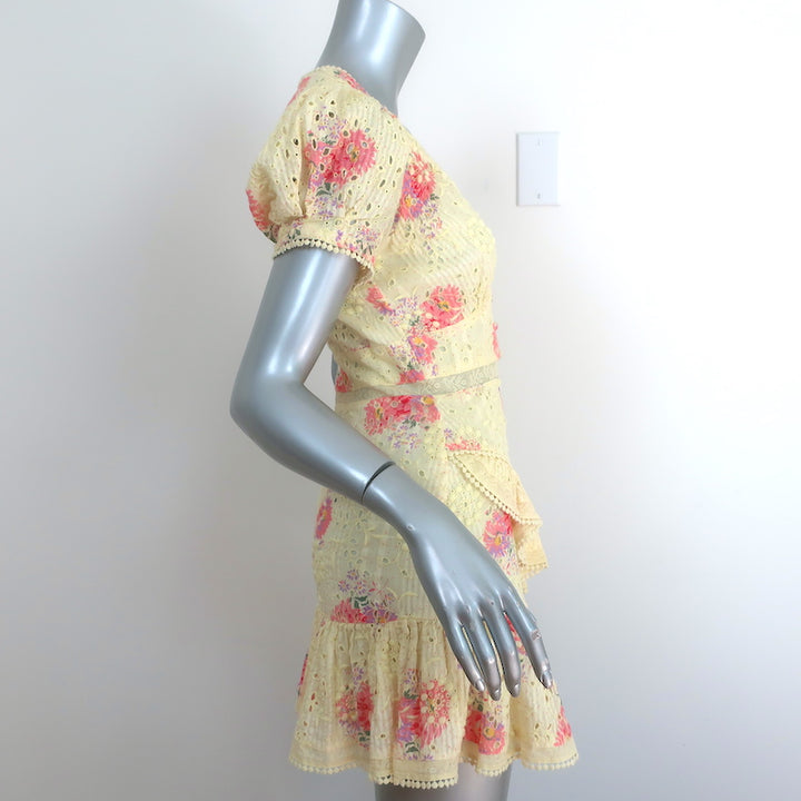 LoveShackFancy Embroidered Ruffle Mini Dress Bea Yellow Floral Print Size 2