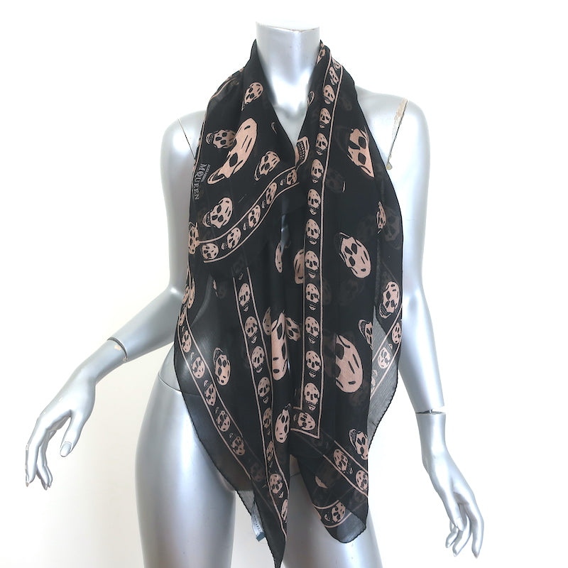 Alexander McQueen Skull Scarf Black &amp; Beige Silk Chiffon 40" X 44"