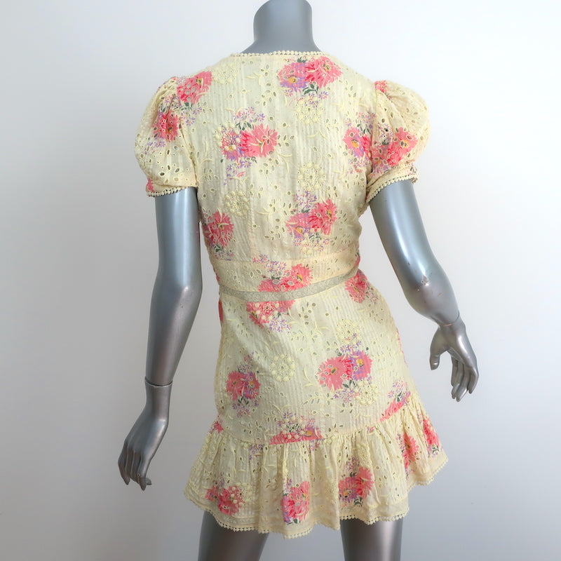 LoveShackFancy Embroidered Ruffle Mini Dress Bea Yellow Floral Print Size 2