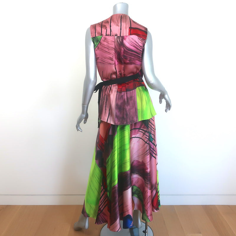 Roksanda Printed Satin Tie-Side Blouse &amp; Midi Skirt Set Multicolor Silk Size 8