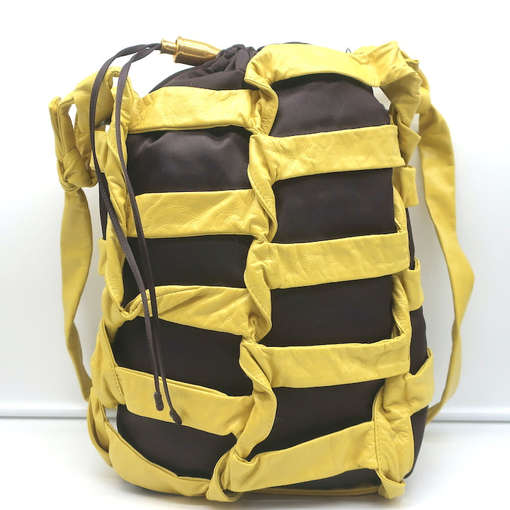 Bottega Veneta BV Tape Bucket Bag Mustard Leather &amp; Brown Nylon Crossbody NEW