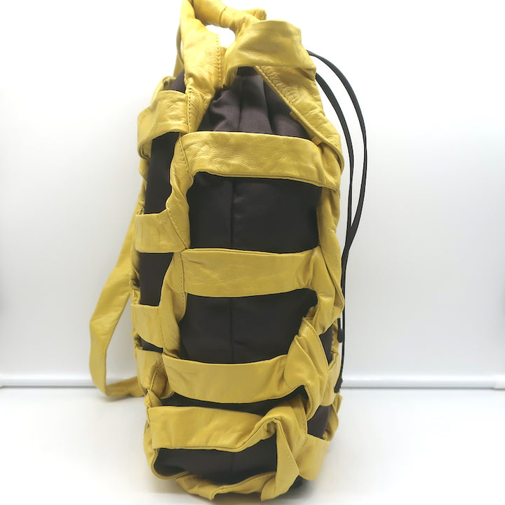 Bottega Veneta BV Tape Bucket Bag Mustard Leather &amp; Brown Nylon Crossbody NEW