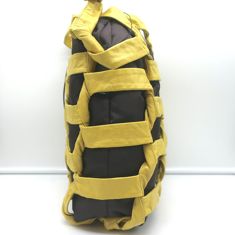 Bottega Veneta BV Tape Bucket Bag Mustard Leather &amp; Brown Nylon Crossbody NEW
