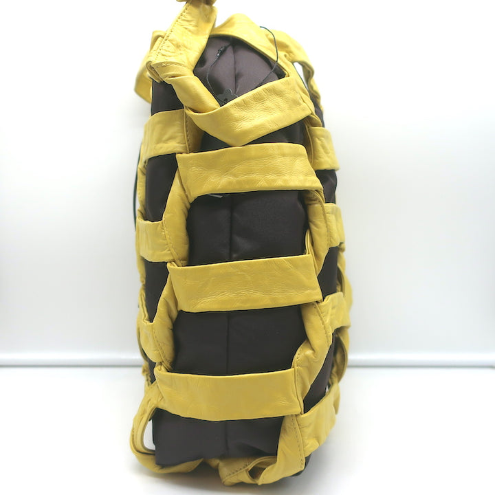 Bottega Veneta BV Tape Bucket Bag Mustard Leather &amp; Brown Nylon Crossbody NEW
