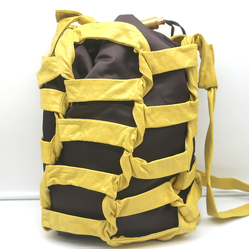 Bottega Veneta BV Tape Bucket Bag Mustard Leather &amp; Brown Nylon Crossbody NEW
