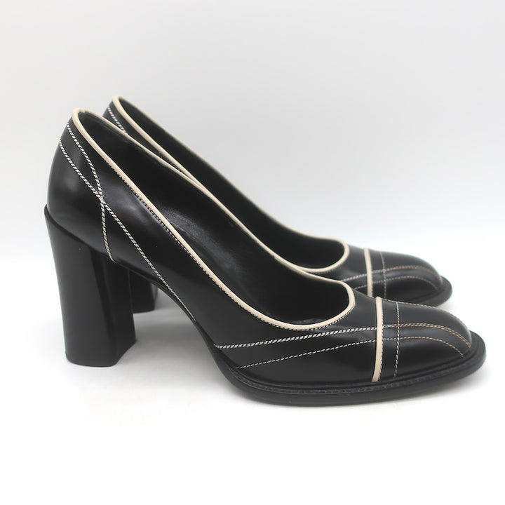 Vintage Prada Top-Stitched Pumps Black Spazzolato Leather Size 38