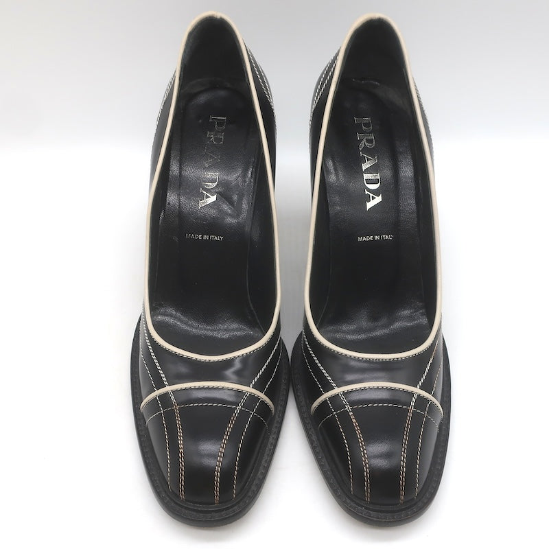 Vintage Prada Top-Stitched Pumps Black Spazzolato Leather Size 38