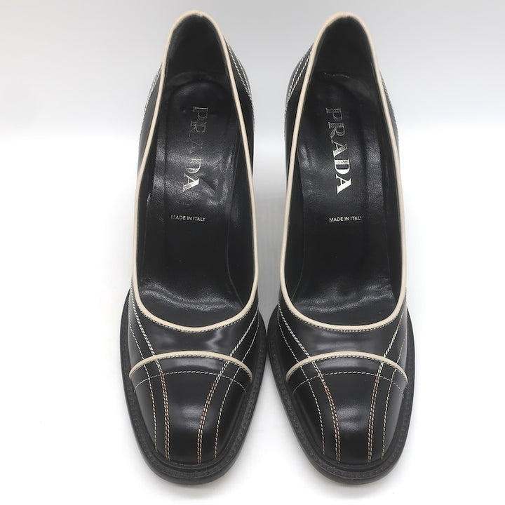 Vintage Prada Top-Stitched Pumps Black Spazzolato Leather Size 38