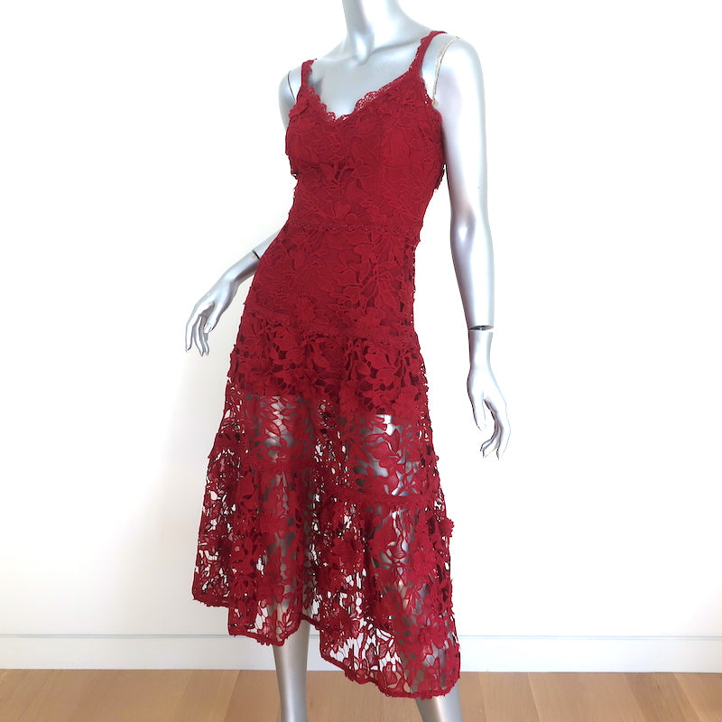 Marchesa Notte 3D Guipure Lace Sleeveless Midi Dress Red Size 0