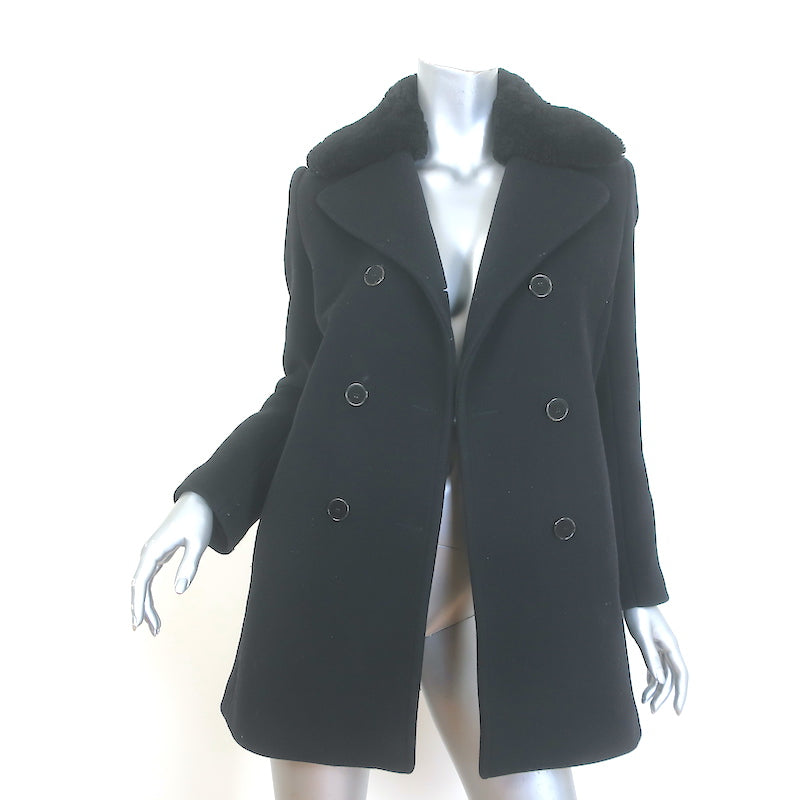 Sandro Shearling-Collar Pea Coat Black Wool Size 38 Double Breasted Jacket