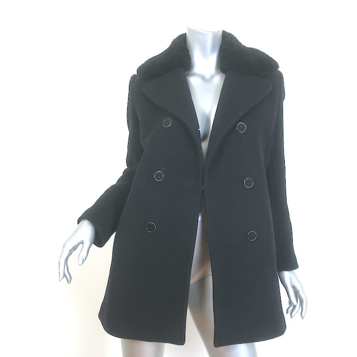 Sandro Shearling-Collar Pea Coat Black Wool Size 38 Double Breasted Jacket