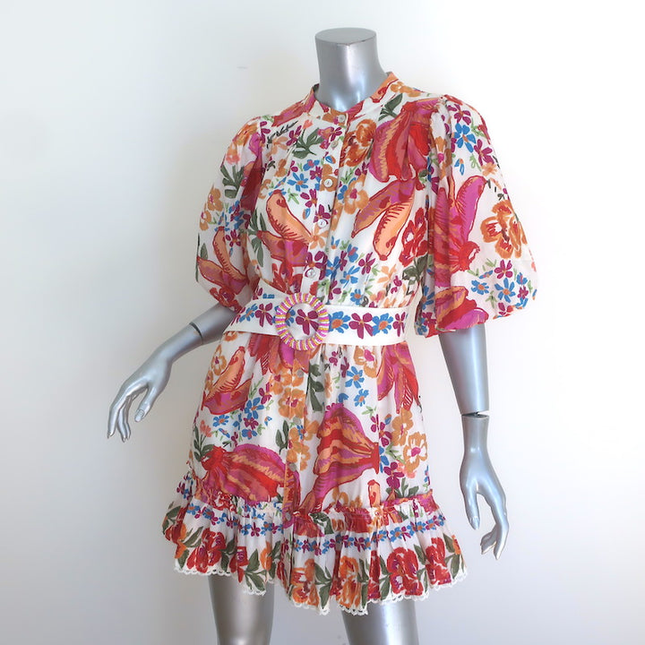 FARM Rio Spring Bananas Belted Mini Dress White/Multi Floral Print Size Small