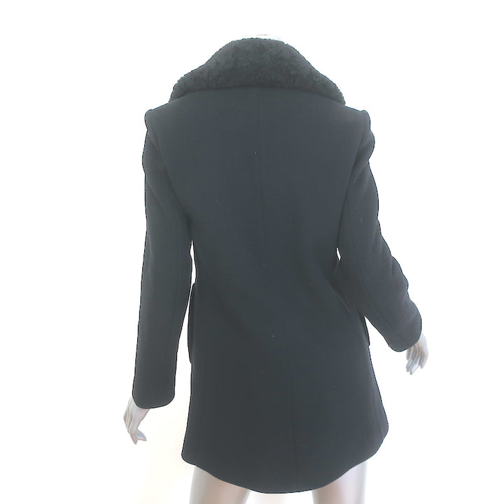 Sandro Shearling-Collar Pea Coat Black Wool Size 38 Double Breasted Jacket