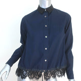 Sacai Drawstring Hem Shirt Navy Lace-Trim Cotton Size 1 Long Sleeve Top