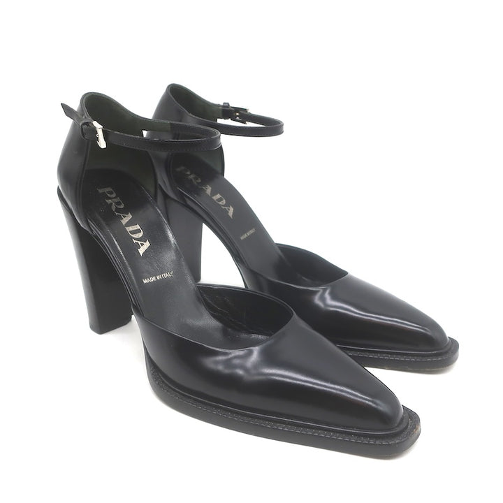 Vintage Prada Ankle Strap Spazzolato Leather Pumps Black Size 38