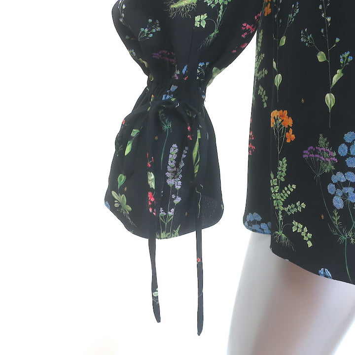 Altuzarra Floral Print Bell Sleeve Button-Up Blouse Black Silk Size 40