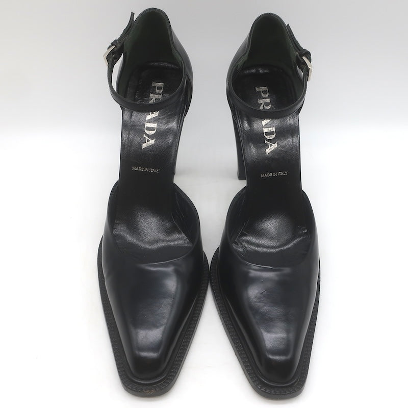 Vintage Prada Ankle Strap Spazzolato Leather Pumps Black Size 38