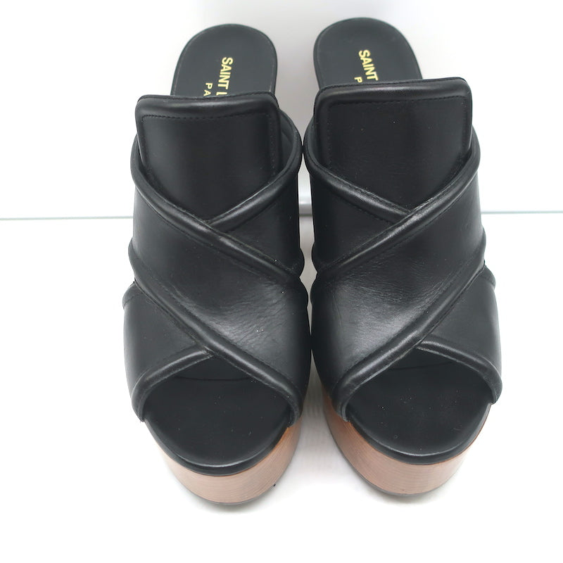 Saint Laurent Crisscross Platform Clog Sandals Black Leather Size 37