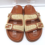 Fendi raffia slide sandals in natural brown with leather trim, pre-owned authentic designer, size 39